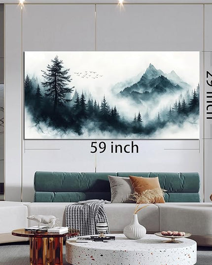 Foggy Forest Wall Art White Wall Decor Black Canvas Mountain Pictures Large Nature Artwork for Living Room Bedroom Dining Room Office 29" x 59"