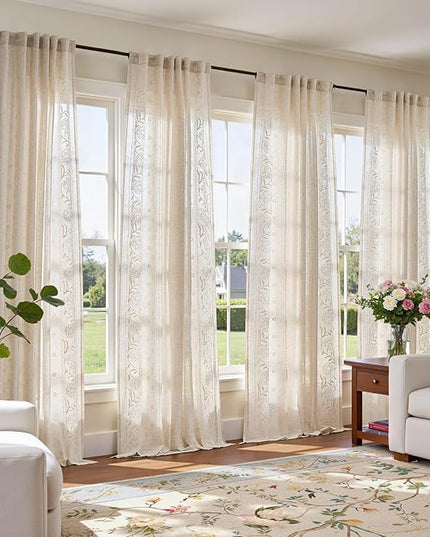 jinchan Winslow Linen Curtains for Living Room Floral Curtains 96 Inch Length Ivory Embroidered Bordered for Sitting Room Farmhouse Decor Light Filtering Window Treatments Set of 4