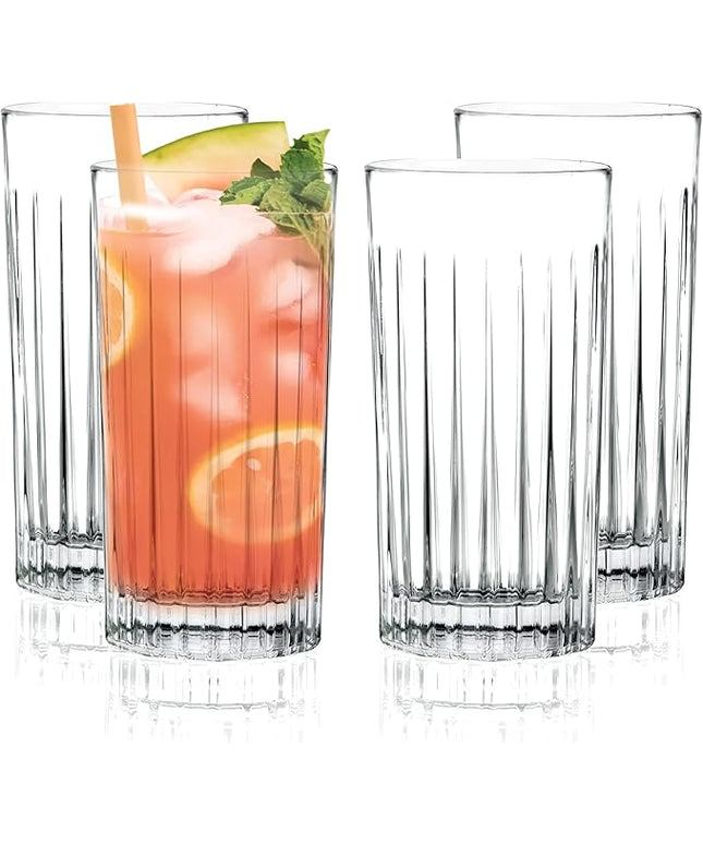 Barski Highball Glass - Drinking Glasses - Set of 4 - Hiball Tumblers - Glass Crystal Tumbler - for Water, Juice, Beer, Mixed Cocktails, Mojito Glass, Tom Collins Bar Glassware, 15 oz, Made in Europe