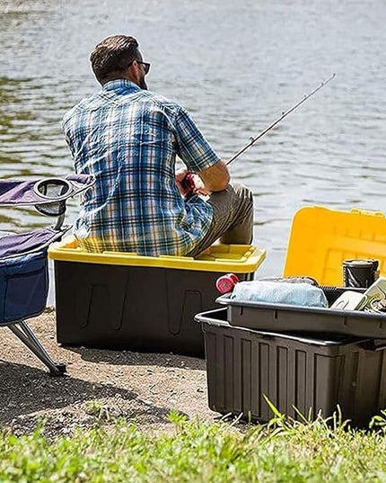 HOMZ 4-Pack Durabilt Tote, Heavy Duty Plastic Storage Bins with Lids, 15 Gallon, Black/Yellow - Stackable Organizing Containers for Home, Garage, and Office