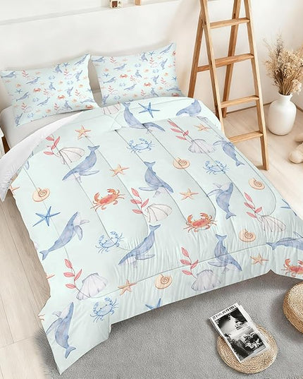 Whale Bedding Set Twin Size Light Blue Boys Ocean Comforter Set Twin Size Marine Life Bed Set Crab, Shell, Starfish Pattern Bedding for Kids Cute Ocean Quilt Set with 1 Comforter+ 1 Pillowcase