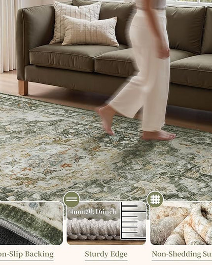 PADOOR-Vintage Area Rug 6X9 Rugs for Living Room-Soft Olive Green Rugs for Bedroom-Machine Washable Rugs Non Slip Carpet-Rug for Dining Room Living Room Bedside Office
