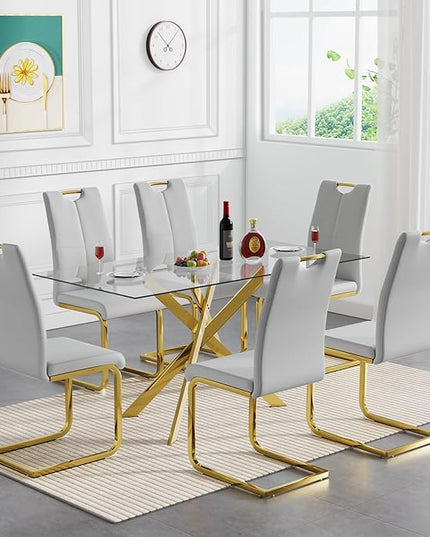 HomVent 7 Pieces Rectangular Glass Dining Table Table Set, Glass Kitchen Table Set for with 6 PU Dining Chairs for Kitchen Dining Room