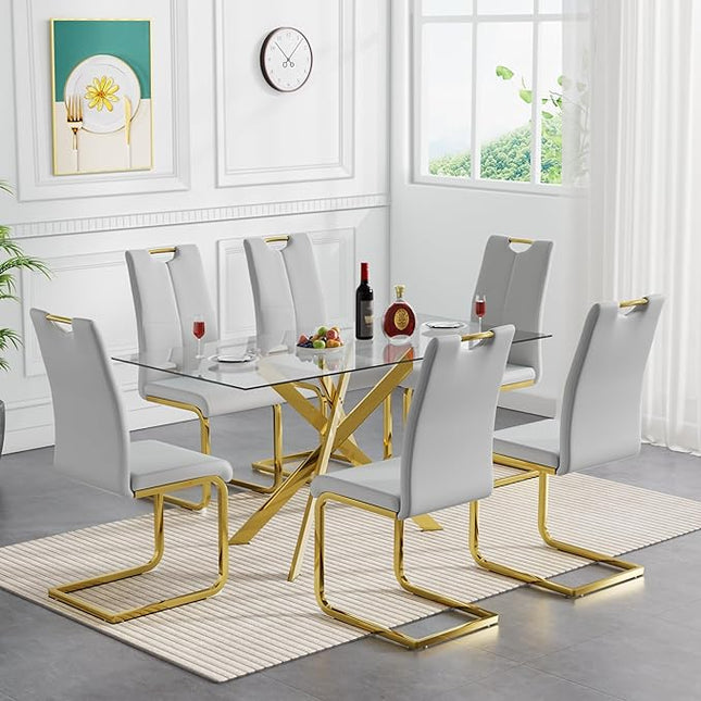 HomVent 7 Pieces Rectangular Glass Dining Table Table Set, Glass Kitchen Table Set for with 6 PU Dining Chairs for Kitchen Dining Room