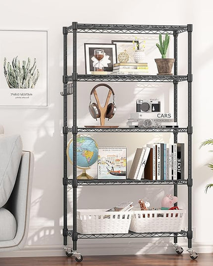 Himimi 5-Tier Storage Shelf Wire Shelving Unit on Wheels Heavy Duty Metal Shelves Adjustable Steel Rack Organization for Kitchen Garage Basement, Black