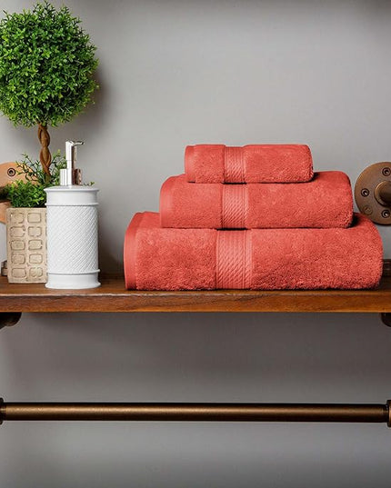 Superior Egyptian Cotton Pile 3 Piece Towel Set, Includes 1 Bath, 1 Hand, 1 Face Towel/Washcloth, Ultra Soft Luxury Towels, Thick Plush Essentials, Guest Bath, Spa, Hotel Bathroom, Coral
