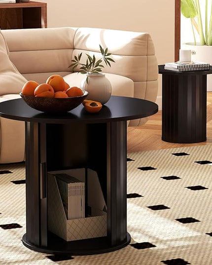 COSVALVE Nesting Coffee Table Set of 2 with Hidden Storage & Sliding Door, Circle Wood Coffee Table, Farmhouse Side & End Table Sets for Living Room, Small Spaces, Black