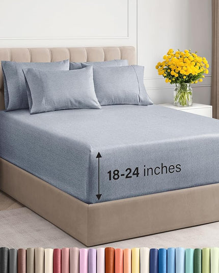 Extra Deep King Sheet Set - 6 Piece Breathable and Cooling Sheets - Hotel Luxury Bed Sheets Set - Easy Fit - Soft, Wrinkle Free and Comfy Sheets Set - Heathered Blue Sheet Set with Extra Deep Pockets