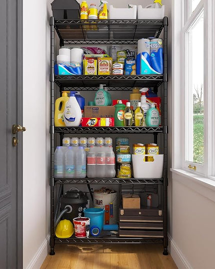 REIBII 5 Tier Storage Shelves Adjustable Wire Rack Shelving, Kitchen Shelves 13.4" D x 23.2" W x 60" H Strong Metal Shelves for Restaurant Garage Pantry，Black
