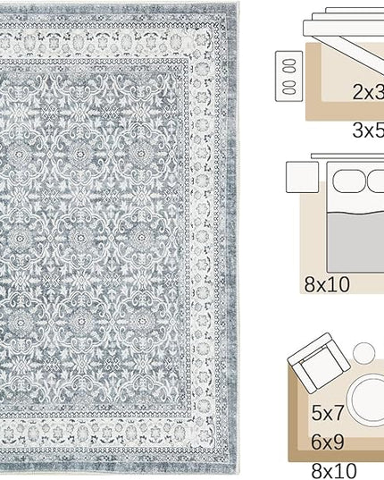 jinchan Floral 6x9 Area Rugs for Living Room - Machine Washable Vintage Distressed Boho Design Throw Rug Stain Resistant Carpet Low-Pile Thin Non-Slip for Bedroom Dining Room Nursery (6‘x9', Grey)