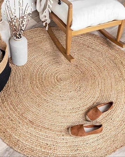 FRELISH DECOR Handwoven Jute Area Rug - 5 feet Round - Natural Yarn - Rustic Vintage Beige Braided Reversible Rug - Eco Friendly Rugs for Bedroom - Kitchen - Living Room - Farmhouse (5' Round)