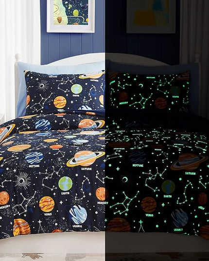 Twin Comforter Set for Boys-5 Pieces Space Glow in The Dark Twin Bedding Sets for Kids, Ultra Soft Bed in A Bag with Sheets