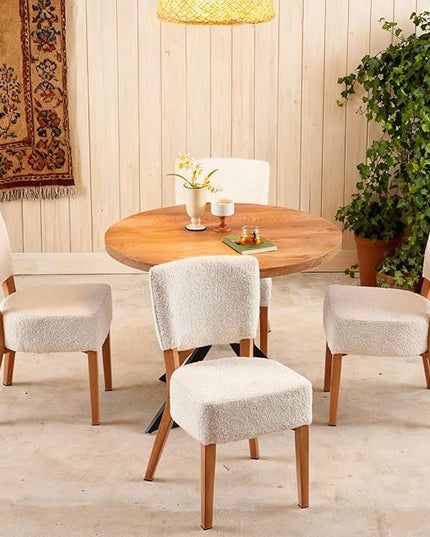 5-Piece Round Dining Table Set, Modern Small 37" Kitchen Table Chairs Set, Upholstered Stackable Dining Chairs with Metal Legs for Living Room Apartment, Space-Saving, Imitation Wood&White