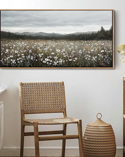 HGUAOA Vintage Landscape Wall Art for Bedroom and Living Room - Large Floral Artworks Farmhouse Wall Decor - Framed Neutral Nature Pictures - Above Bed Wall Decor with Mountain Scenery 24×48IN