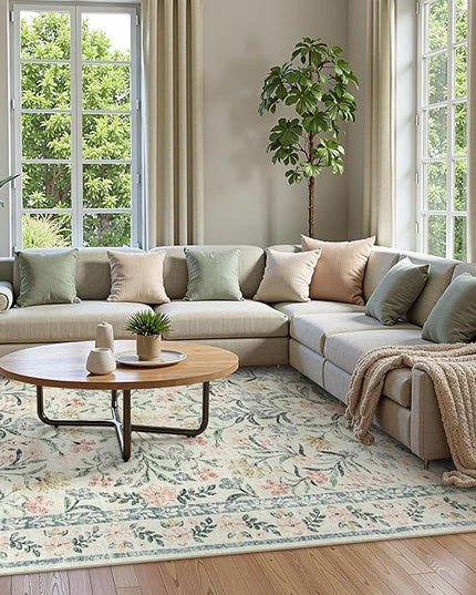 Wonnitar Large Living Room Rug, Floral 10 x 14 Machine Washable Area Rugs, Soft Boho Ultra-Thin Non-Shedding Indoor Aesthetic Carpet for Bedroom Dining Room Office