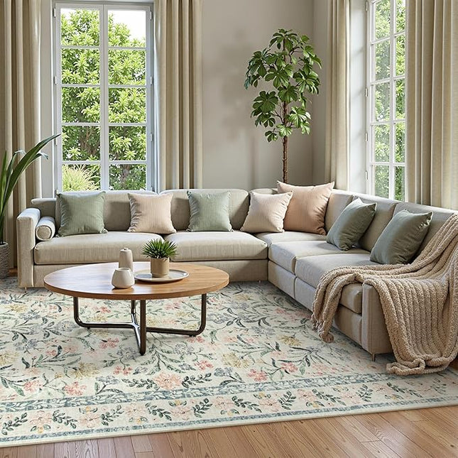 Wonnitar Large Living Room Rug, Floral 10 x 14 Machine Washable Area Rugs, Soft Boho Ultra-Thin Non-Shedding Indoor Aesthetic Carpet for Bedroom Dining Room Office