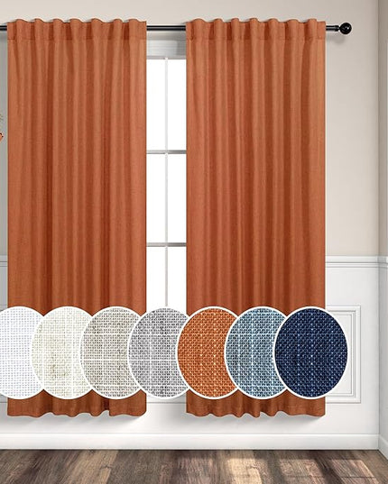 Burnt Orange Linen Curtains 63 Inch Length for Bedroom 2 Panels Set Back Tab Pocket Semi Sheer Light Filtering Curtains for Dining Room Nursery Boys Toddlers Funky Pop Colored Copper Rust Decor 52x63