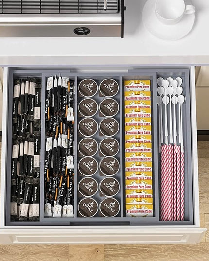 Large Kitchen Utensil Drawer Organizer - Expandable 5 Slots Cooking Utensil Organizer Multipurpose Silverware Organizer for Storage Repair Tools, Painting Tools W13.7"-19.9" x L17.6" X H2.5" (Grey)