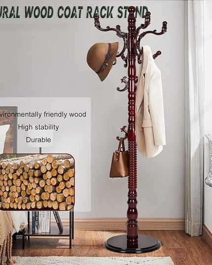 73" Wooden Coat Rack Stand,Coat Racks Freestanding With 14 Hooks And Solid Round Base Heavy Duty Adjustable Height Hall Tree Coat Rack for Entryway Hallway Foyer Office Bedroomf (Red sandalwood)
