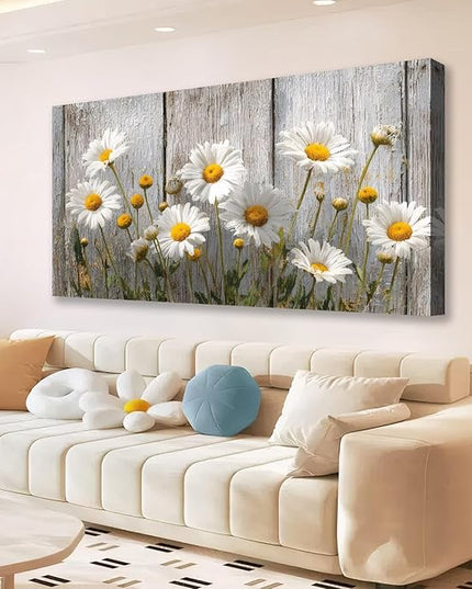 KZKU Rustic Daisy Canvas Wall Art-White Flowers on Weathered Wood Background- Large Modern Farmhouse Decor for Living Room Bedroom 20X40in
