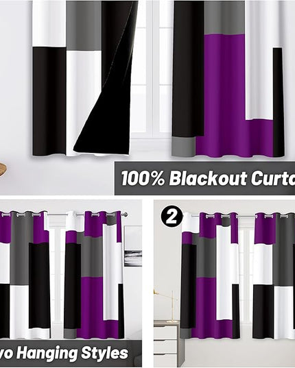 Purple 100% Blackout Curtains for Bedroom 45 inch Length 2 Panels Set Grey Modern Abstract Geometric Black Out Curtains Insulated Room Darkening Window Drapes for Living Room, 52Wx45L