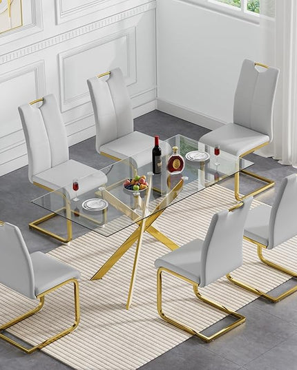 HomVent 7 Pieces Rectangular Glass Dining Table Table Set, Glass Kitchen Table Set for with 6 PU Dining Chairs for Kitchen Dining Room