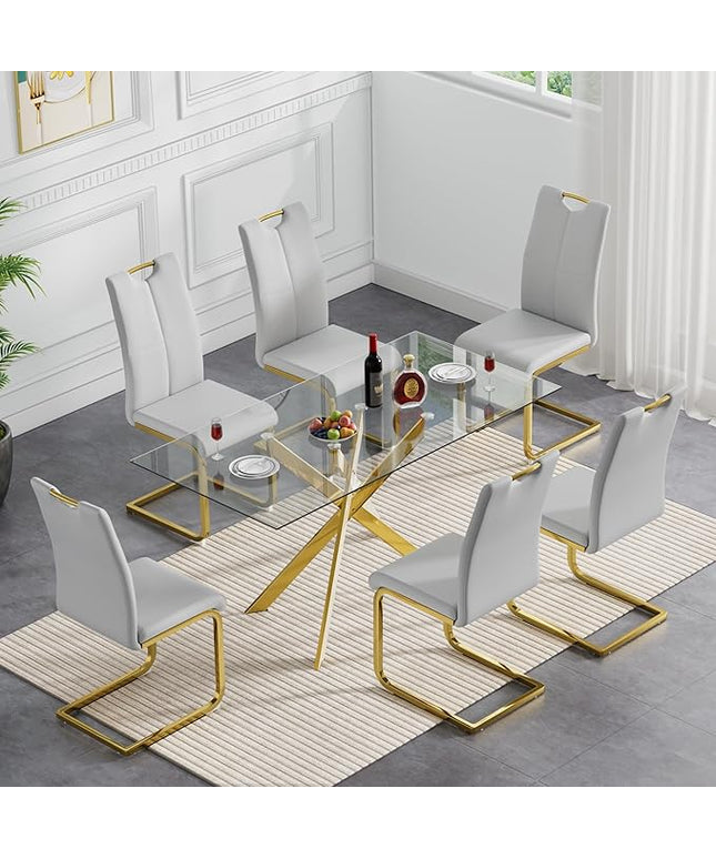 HomVent 7 Pieces Rectangular Glass Dining Table Table Set, Glass Kitchen Table Set for with 6 PU Dining Chairs for Kitchen Dining Room