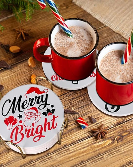6 Pcs Ceramic Christmas Coasters with Holder Best Absorbent Drink Coasters Set Cute Xmas Holiday Coaster Set Coffee Table Decor Funny Christmas Decoration Housewarming Gift Festive Cup Coasters