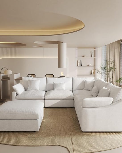 Modular Sectional Sofa Couch, 119.29" V Shaped Modular Couch with Storage Ottoman, Down Filled Convertible Sofa for Living Room, 6 Seat Wide Couches,Cushion Covers Removable,White