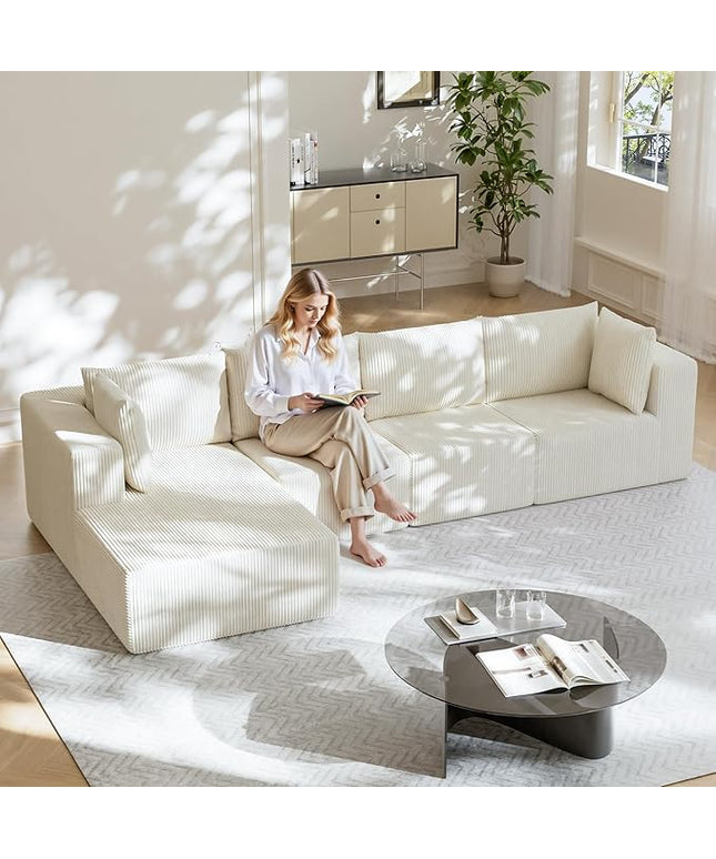 138" Boneless Couches for Living Room, Modular Cloud Couch Sofa - 4 Pieces L Shap Corduroy Sectional Sofa, Fluffy Memory Foam Sleeper Sofa Furniture, No Assembly, Wide Armrest, Beige