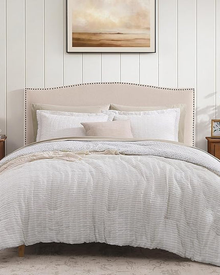 Full Comforter Set - 7 Pieces Beige Gauze Muslin Bedding Sets for All Seasons, Lightweight Breathable Bed in a Bag Full with Revesible Farmhouse Comforter, Sheets, Pillowcases & Shams