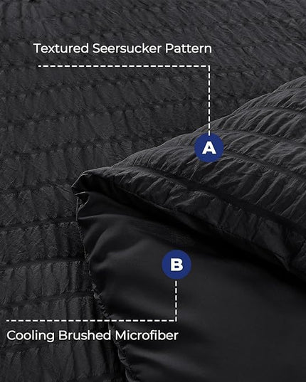 HYMOKEGE Black California King Comforter Set Seersucker 7 Pieces, All Season Luxury Bed in a Bag for Bedroom, Bedding Set with Comforters, Sheets, Pillowcases & Shams