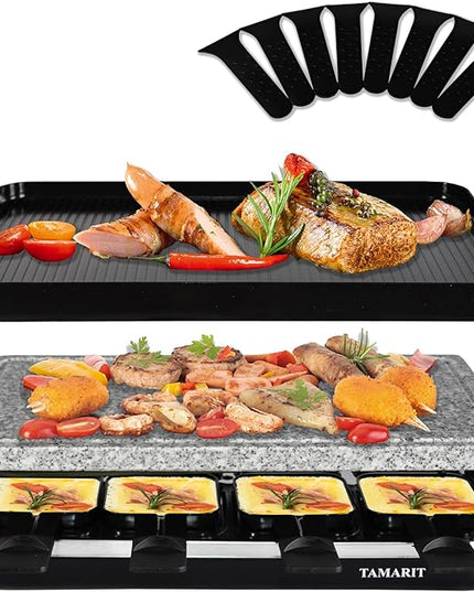 TAMARIT Raclette Table Grill Portable 3 in 1 Korean Barbecue BBQ Electric Indoor Griddle with Non-Stick Reversible Plate and Cooking Stone for Steak 1400W Raclette Grill for 8 Person, Black