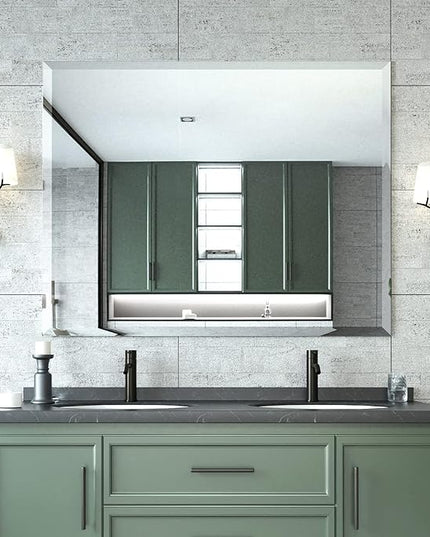 Mirrorons Beveled Mirror, Wall Mirror 40" x 32", Frameless Rectangle Bathroom Vanity Mirror with Beveled Edge, Hangs Horizontally or Vertically. Upgraded Shatterproof