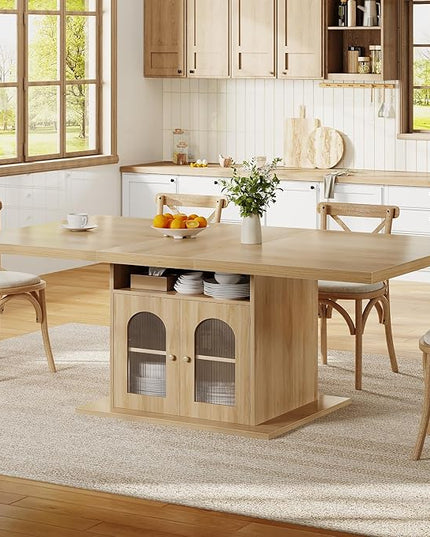 HSH Dining Table for 4–6, 63 Inch Wood Farmhouse Kitchen Table with 3-Tier Storage Shelf and Acrylic Door Cabinet, Rectangular Modern Dining Room Dinner Table for Apartment Home Small Space, Light Oak