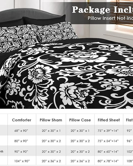 Comforter Set King Size, Vintage Floral Flower 7 Pcs Bedding for Kids and Adults, Leaf Plant Black Bed Sheet Sets with Fitted Sheet 2 Pillowcases & 2 Shams for Bedroom Bed Decor