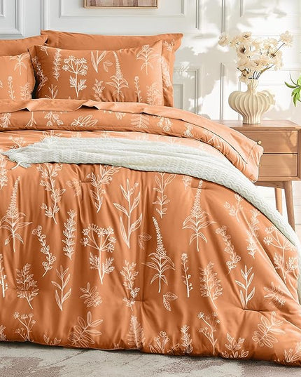 MUXHOMO Burnt Orange Full Comforter Set, Elegant Floral Print Bed in a Bag 7 Pieces, Ultra Soft & Breathable Reversible Botanical Pattern Bedding Set with Comforter, Sheets, Pillowcases, and Shams