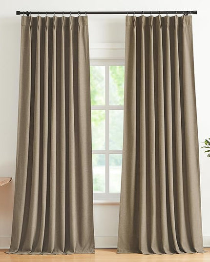 Vision Home Brown Pinch Pleated Full Blackout Curtains Linen Blended Room Darkening Window Curtains 112 inch for Living Room Bedroom Thermal Insulated Pinch Pleat Drapes with Hooks 40" Wx112 Lx2