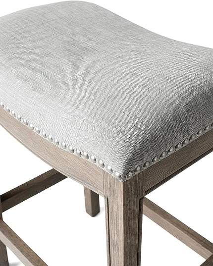 Maven Lane Adrien Backless Bar Stool – 31 Inch Saddle Seat with Footrest – Grey Solid Wood Frame & Grey Fabric Upholstery – Ideal for Bars, Pub Tables & Tall Kitchen Counters