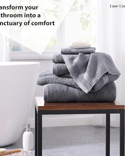 Lane Linen 100% Cotton Luxury Bathroom Towel Set - 6 Pcs - RingSpun, QuickDry, Very Soft & Highly Absorbent - 2 Large Bath Towels, 2 Washcloths, 2 Hand Towels - Pre Shrunk & Fade Resistant - Cool Grey