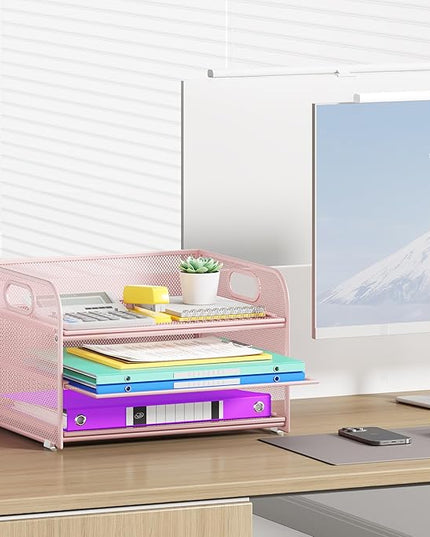 3 Tier Paper Organizer with Handle, Metal Desk Organizer Mesh Paper Letter Tray Desktop File Folder Document Sorter for Classroom, School, Office Accessories Organization and Storage - Pink