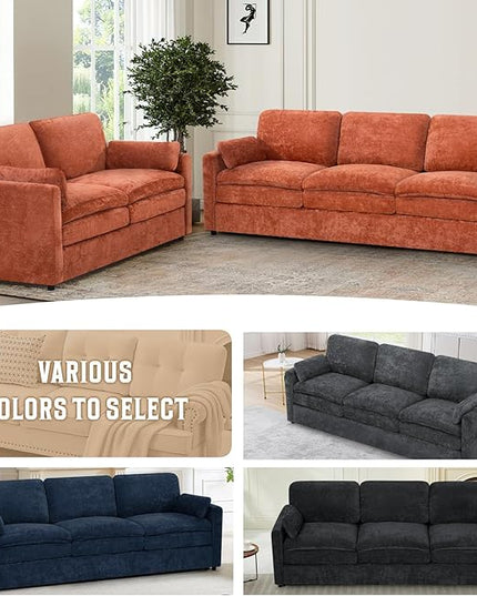 89" Chenille 3 Seats Sofa with 2 Pillows, Modern Upholstered Sofa with Deeper Seats, Comfy Sofa with Thickened Cushions for Living Room, Apartment, Orange
