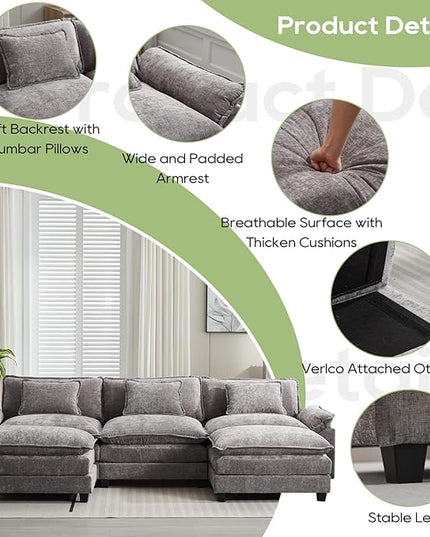 120" Modular Sectional Sofa, Comfy Cloud Couch Sectional Sofa with Ottoman, Chenille Sofa Sleeper Deep Seat Sofa with Throw Pillows for Living Room (Light Gray, 120"- U Shape)
