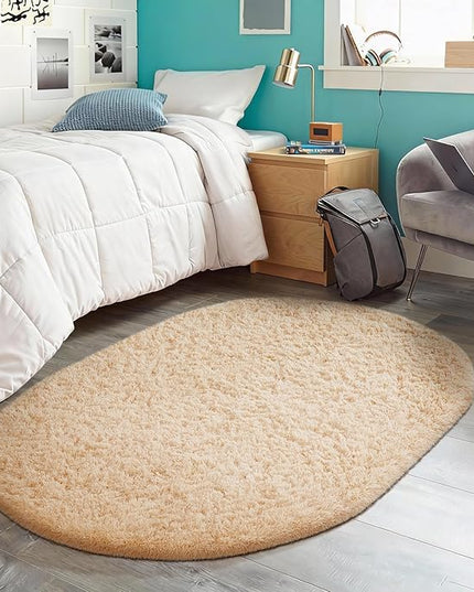 Ophanie 3x5 Oval Rug, Bedside Preppy Dorm Area Rug, College Essentials Non Slip Beige Small Carpets for Bedroom, Anti Slip Fluffy Living Room Rugs Home Decor Aesthetic, Nursery