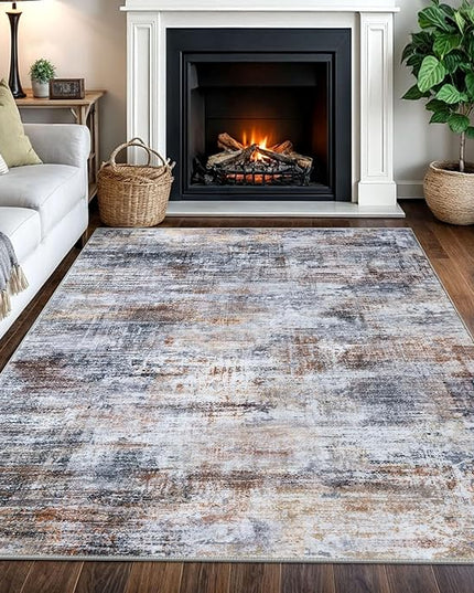 IOHOUZE Abstract Area Rugs 5x7 Ft Washable Rugs for Living Room, Non Slip Dining Room Rug, Printed Faux Wool Rugs for Bedroom, Floor Carpet for Office Nursery Playroom, Orange Grey