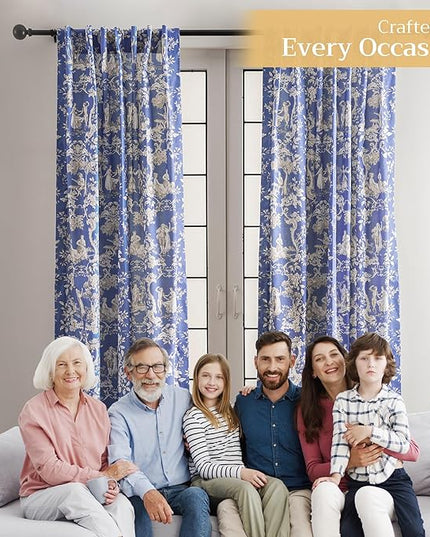 Maison d' Hermine Curtains for Living Room 100% Cotton 124 inch Length Two Panels Light Filtering Toile Curtains for Bedroom Windows with Rod and Loop Pockets Drapes (Joli Jouy Blue, 50" W x 124" L)