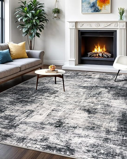 IOHOUZE Modern Abstract Area Rugs 6x9 Ft Washable Rugs for Living Room, Non Slip Dining Room Rug, Printed Faux Wool Rugs for Bedroom, Floor Carpet for Office Nursery Playroom, Black Grey