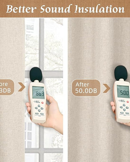 LAMIT Linen Full Blackout Window Curtains for Bedroom, 54 Inches Thermal Farmhouse Curtains Back Tab and Rod Pocket Privacy Protected Burlap Panels with White Liner, 2 Panels, 38 x 54 Inch, Oatmeal