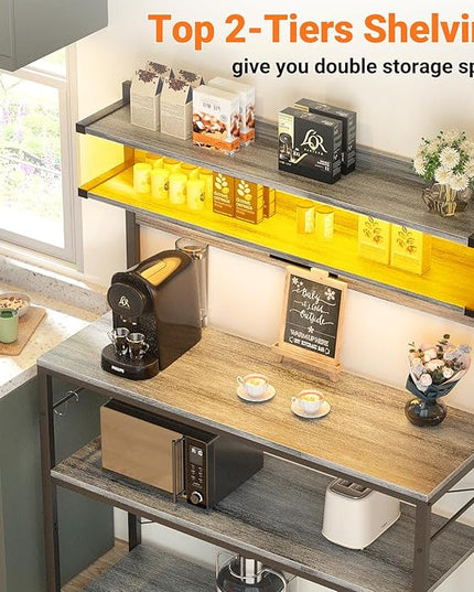 Aheaplus Bakers Rack with Power Outlet, Microwave Stand, 5 Tiers Coffee Bar Station with Led Lights, Kitchen Storage Shelf with 6 S-Shaped Hooks, Kitchen Rack Coffee Bar Stand, White Oak