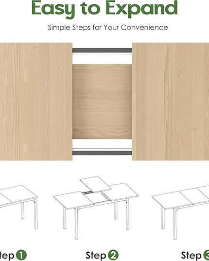 Extendable Dining Table, Modern Wooden Rectangle Kitchen Table for 4-8 People with Strong Metal Legs, Space Saving Expandable Dining Room Tables for Restaurant, Conference, Natural